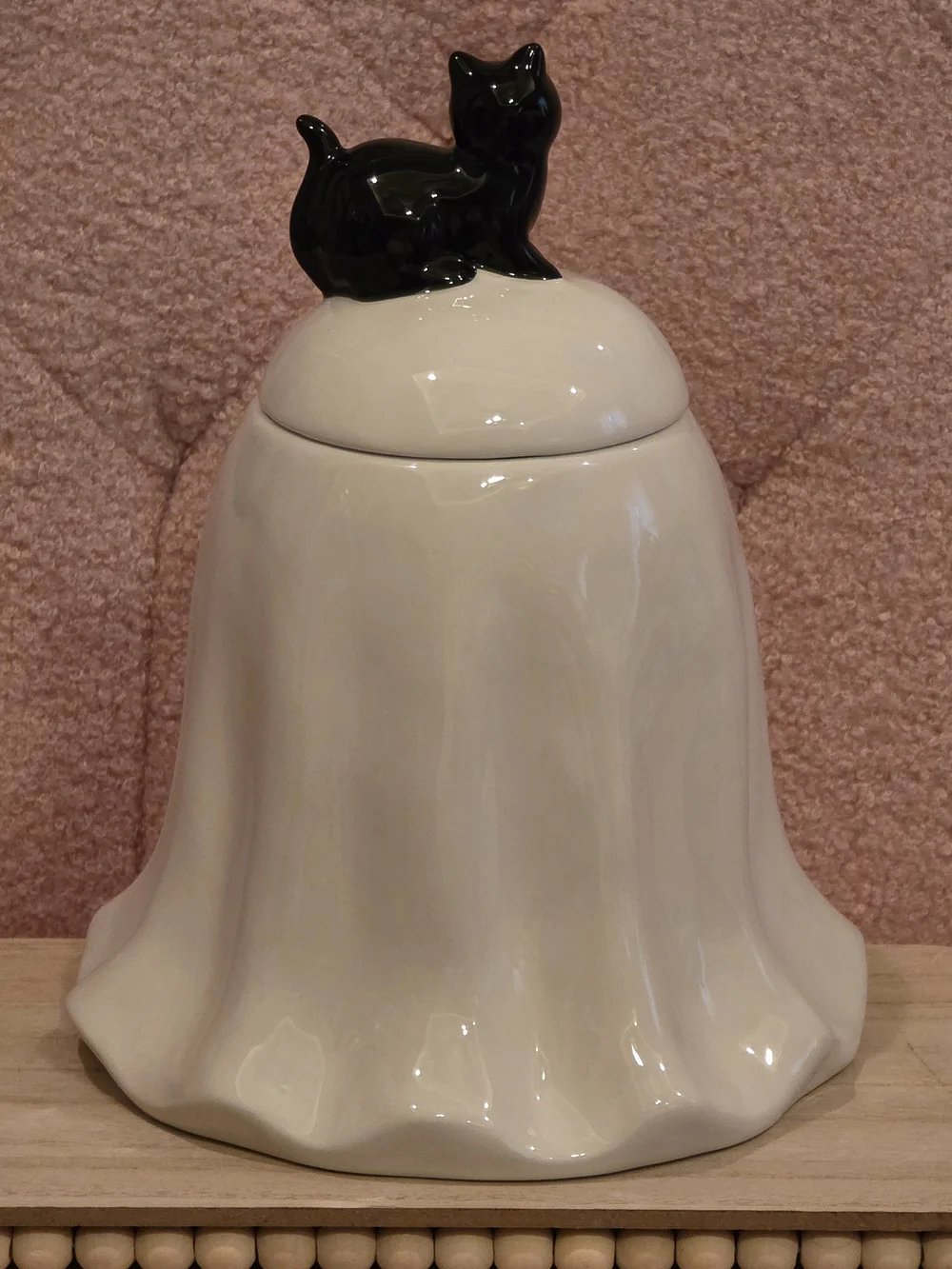 Ceramic White Ghost Cookie Jar with Black Cat Lid